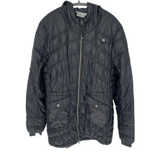 Athleta Goose Down Jacket Black XL‎ Hooded Packable Puffer GUC Mended Hole